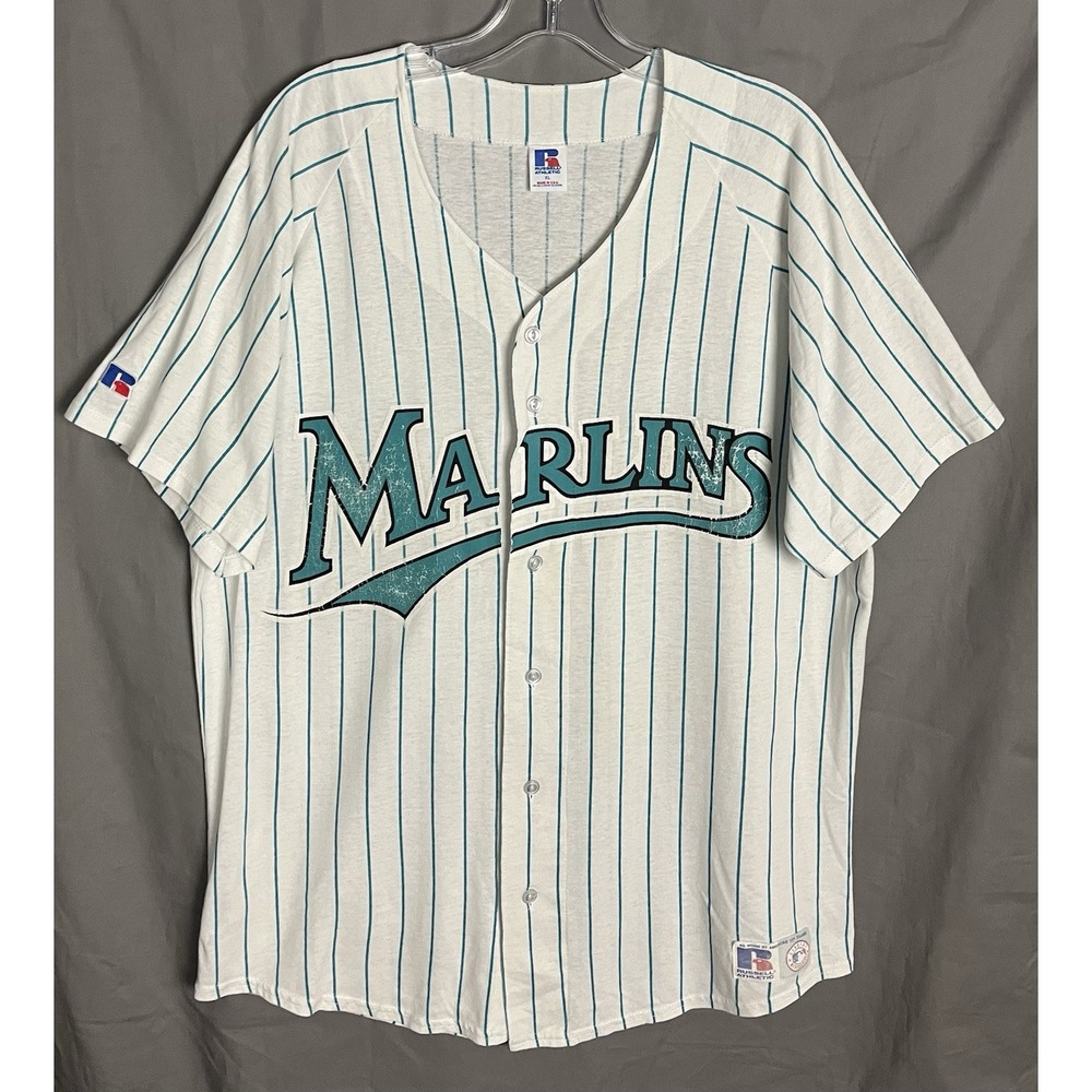 Vintage 90s Russell Athletic Florida Marlins Pinstripe Baseball Jersey XL USA